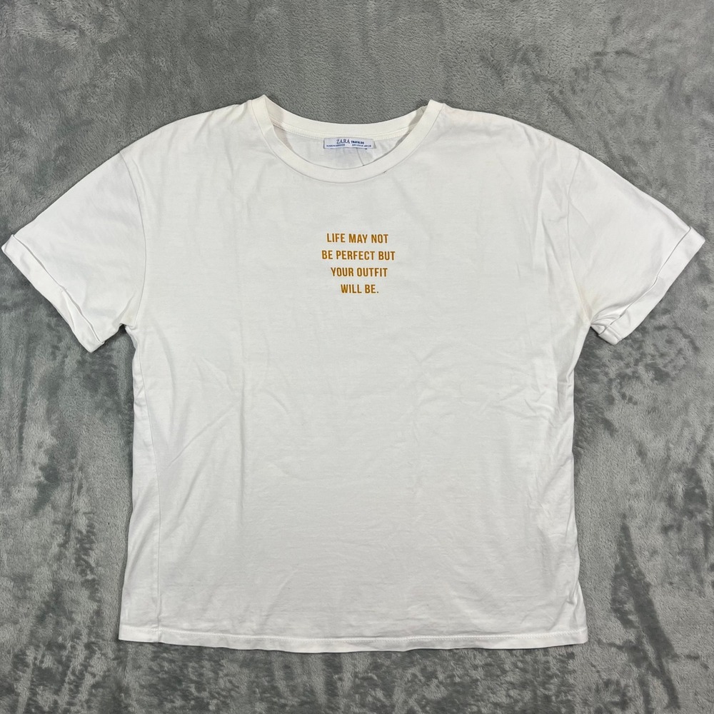 Zara Trafaluc Graphic Tee Women Size Medium White Quote Short Sleeve T-Shirt